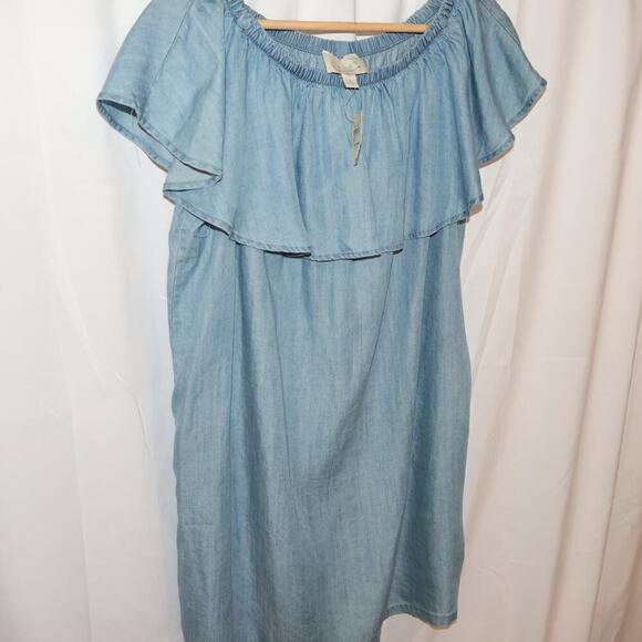 NWT Hinge Top One Size Blue Chambray Ruffled Elastic Neck - Picture 13 of 15